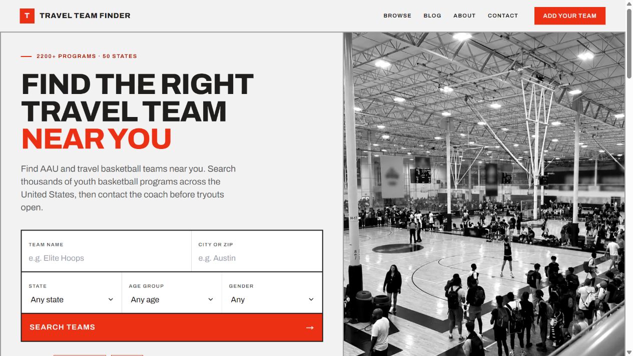 TravelTeamFinder.com homepage showing its travel basketball team search experience